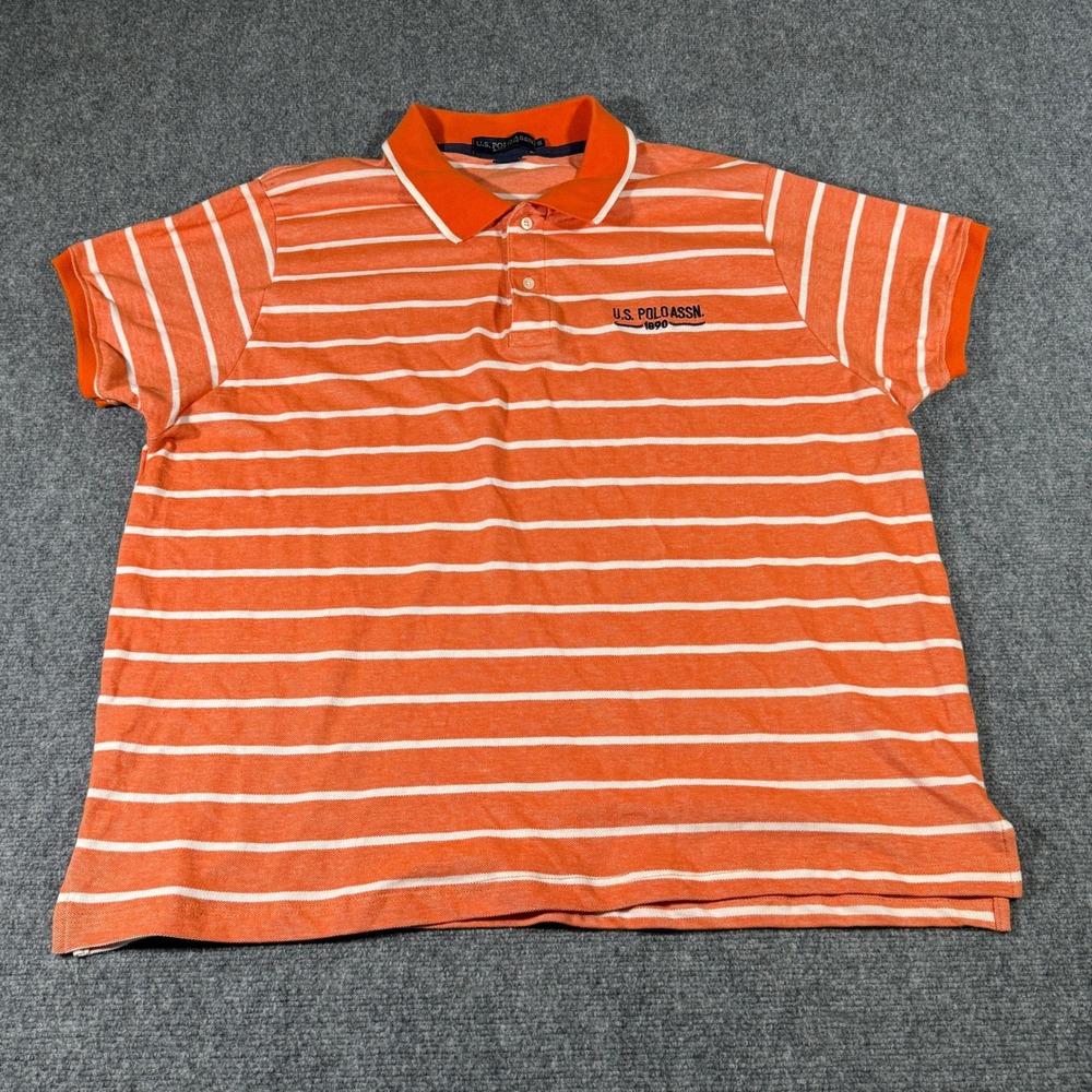 US Polo Assn Mens 3X Orange White Striped Short Sleeve Pique Polo Shirt Logo